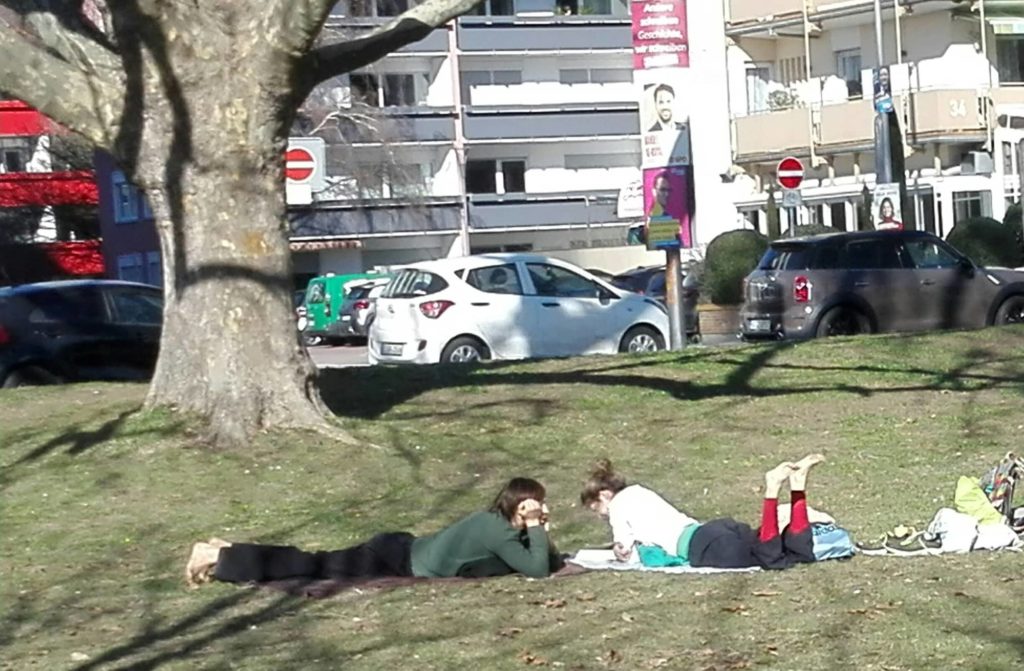 Im Park liegt ein Pärchen bäuchlings im Gras, lesend und relaxend